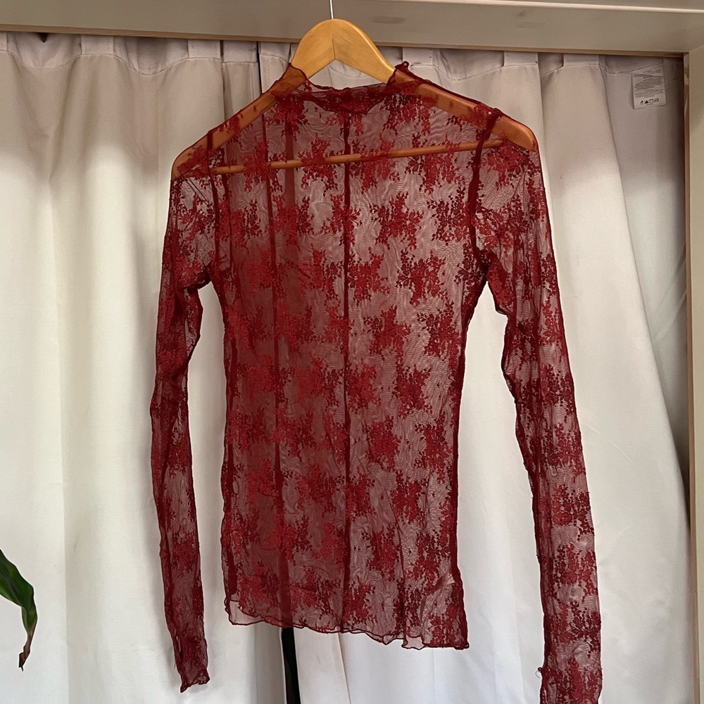 Free People Sheer Red Lace Long Sleeve Top